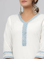 Juniper Women's White Cotton Cambric Solid Kurta Floral Printed Pant & Dupatta Set | Grocsy
