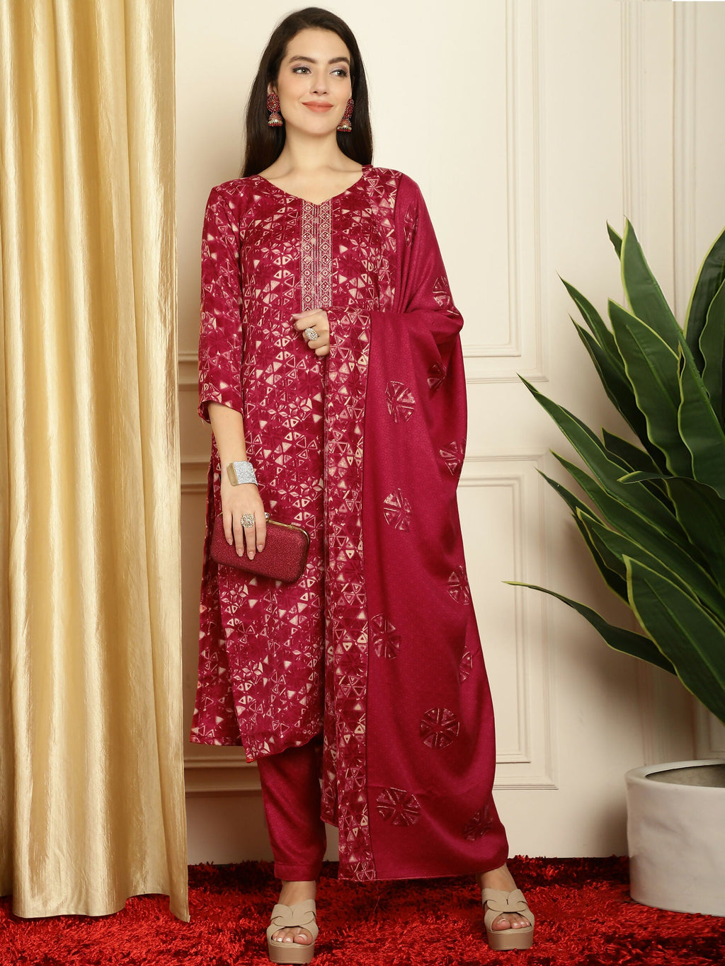 Jyoti Fashion Women's Red Pashmina Floral Digital Printed Kurta with Trouser & Dupatta | Grocsy