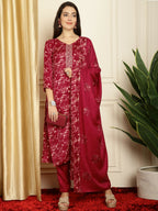 Jyoti Fashion Women's Red Pashmina Floral Digital Printed Kurta with Trouser & Dupatta | Grocsy