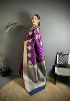 Joban Fashion Purple Woven Butti Soft Silk Banarasi Silk Saree | Grocsy