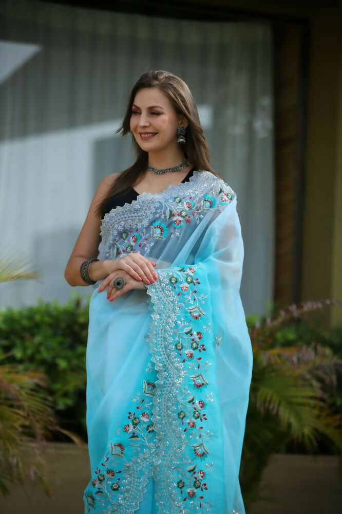 Vamsee Sanyogita Sanyogita - Sky Organza Saree | Grocsy
