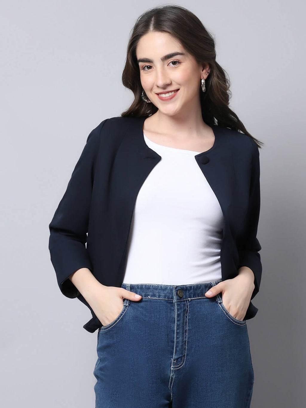 Even Apparels Navy Polywool Open Front Statement Women's Jacket | Grocsy