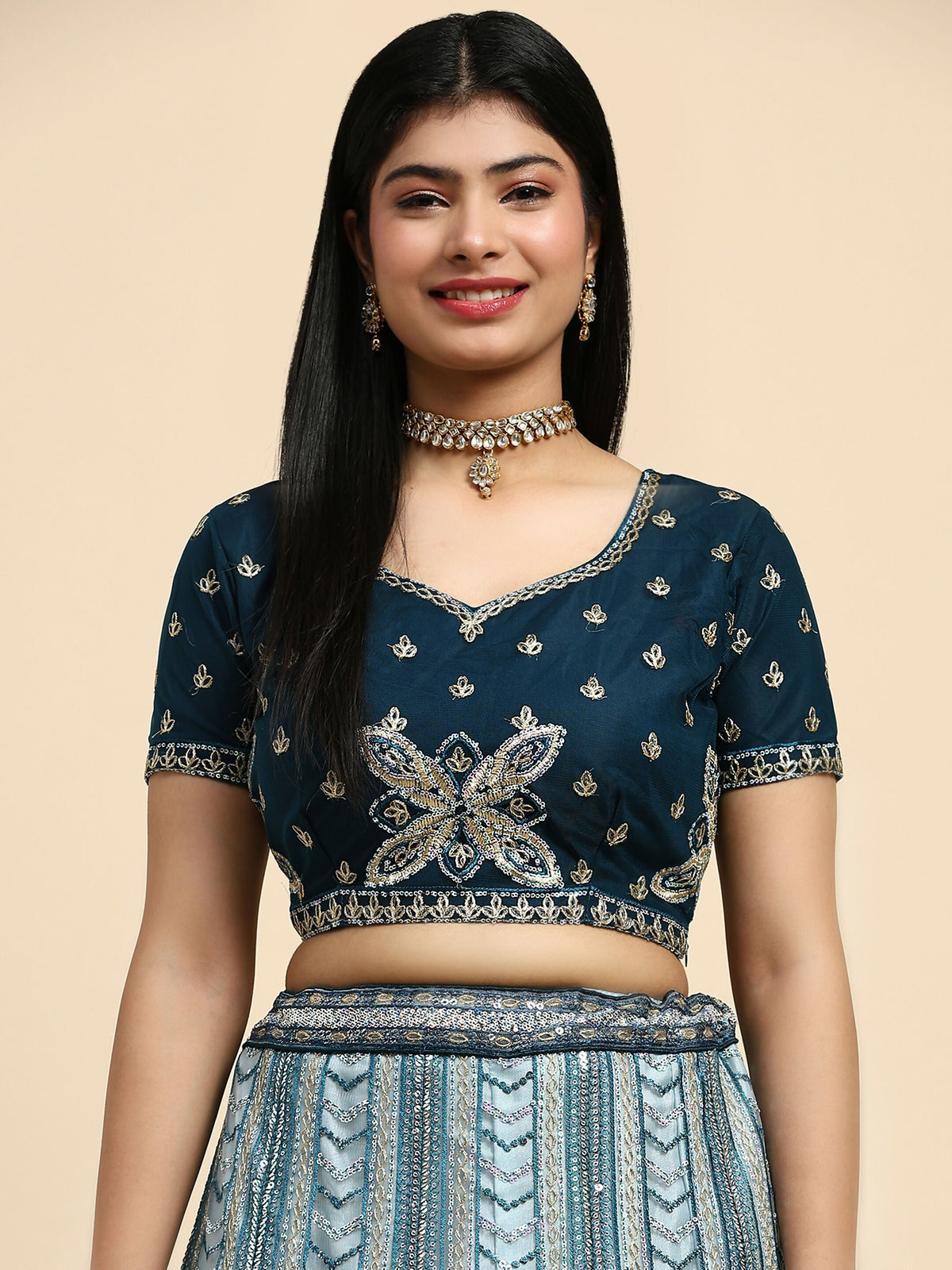 Blue Fancy Net Sequence Embroidered Lehenga Choli with Dupatta - Dhara | Grocsy
