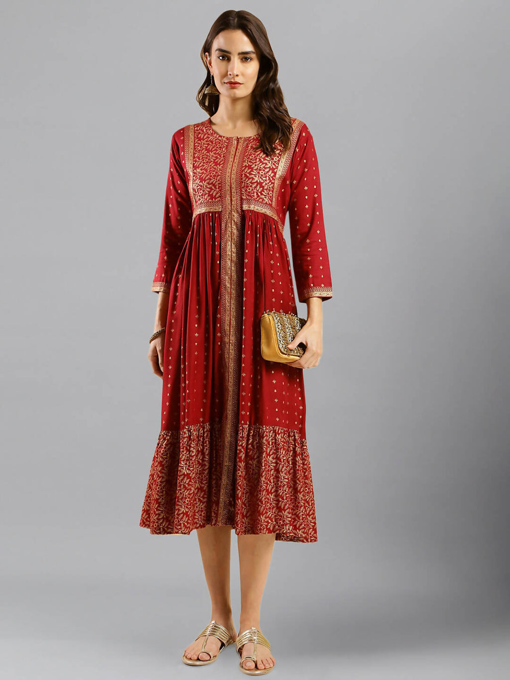 Maroon Viscose Rayon Ethnic Motifs Aline Dress - Poonam | Grocsy