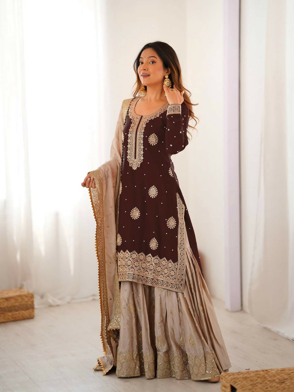 Lehenga Mart Designer Sharara Suit With Kurta, Sharara, Dupatta For Women-Brown | Grocsy