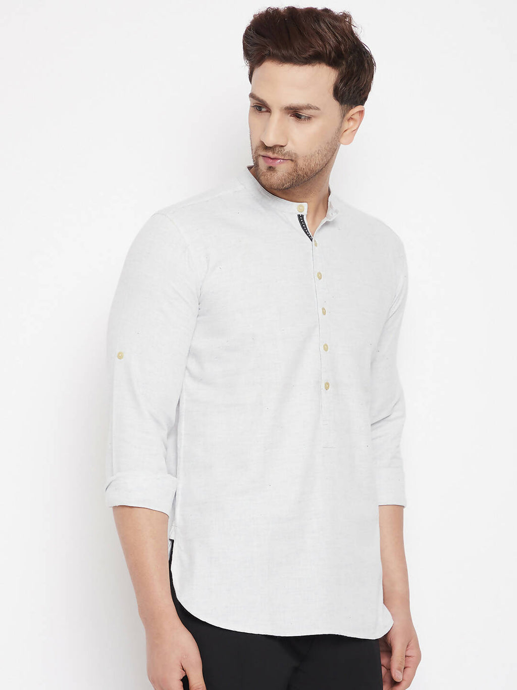 Even Apparels Cream Acrylic Short Men's Kurta With Band Collar | Grocsy