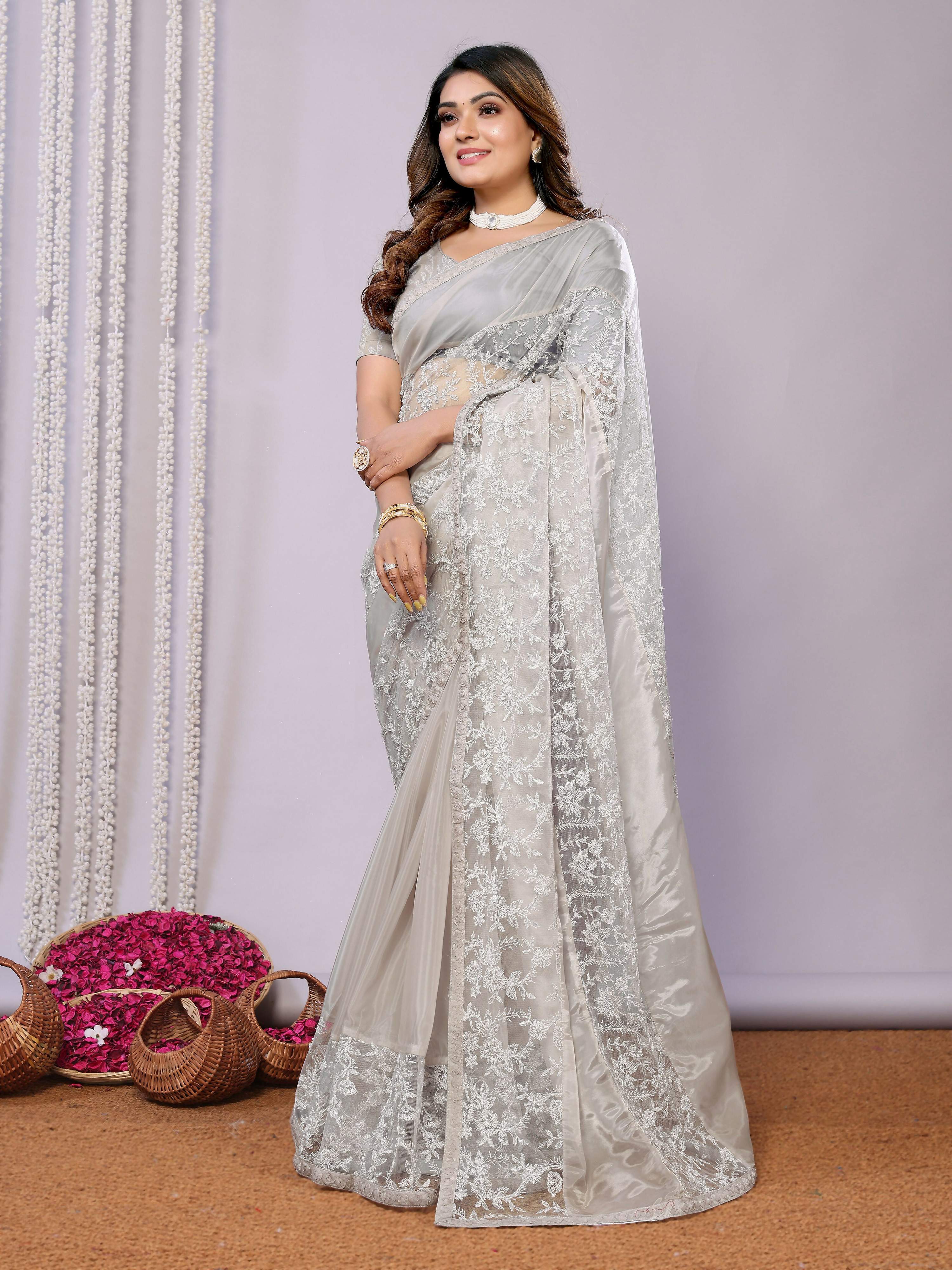 Grey Glass Tissue,Net Embroidered Saree With Stitched Blouse - Nimaya Kaksha | Grocsy