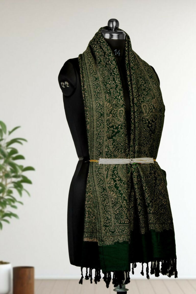 Weaving Mystery Handloom Pashmina Shawl-Kaani Zari - Green | Grocsy
