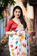 White Poly Georgette Ethnic Motifs Saree with Unstitched Blouse - A2M | Grocsy