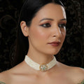 Pearl and Kundan Choker with Intricate Flower Design (White) - Ruby Raang | Grocsy