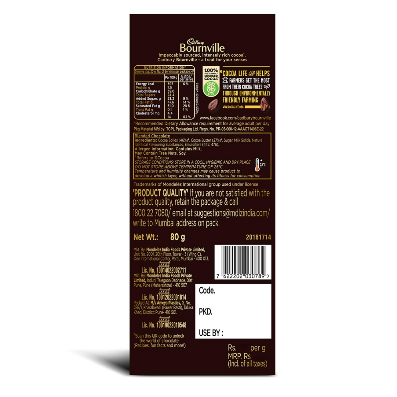 Cadbury Bournville Rich Cocoa 70% Dark Chocolate Bar | Grocsy