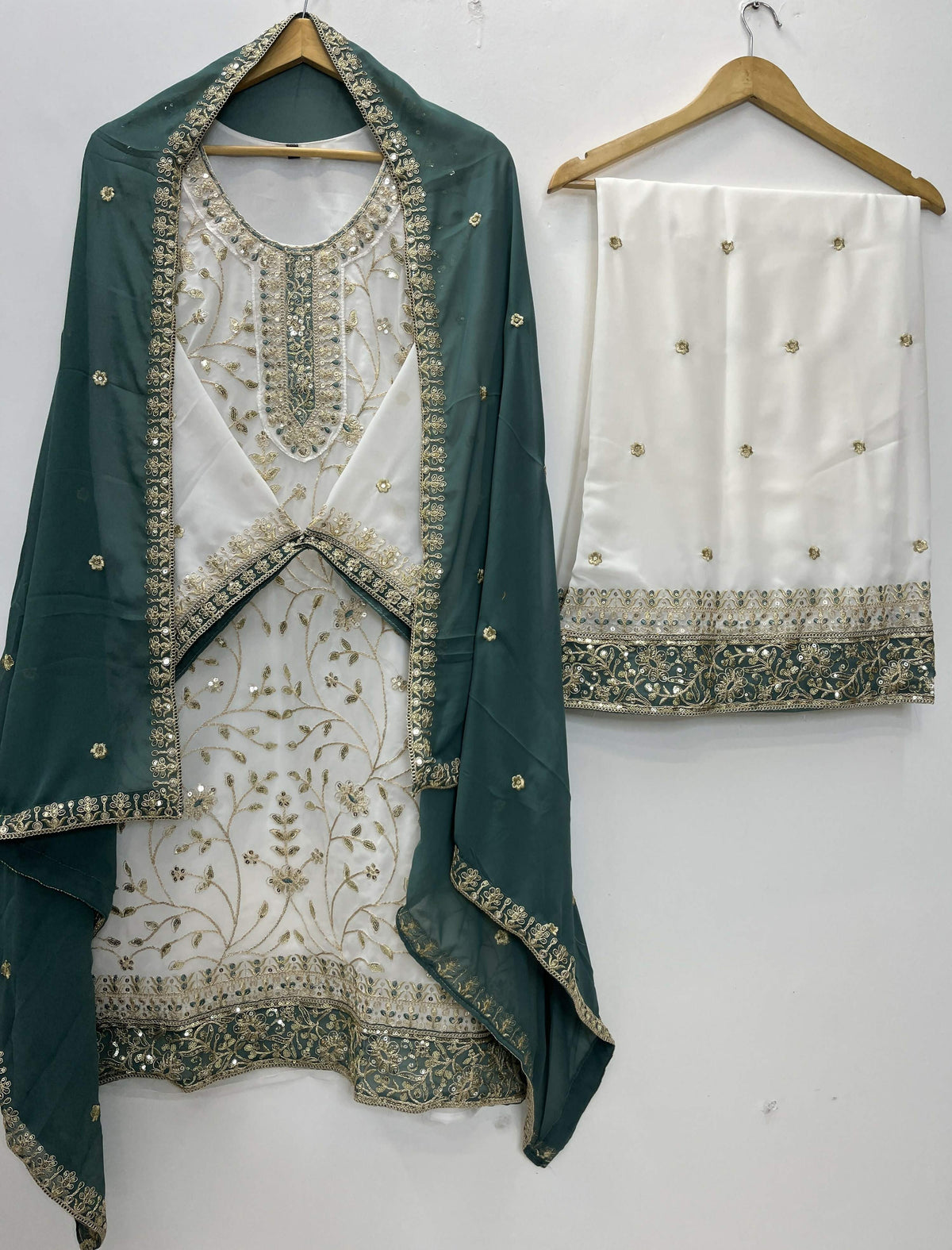Teeya Creation White Color Faux Georgette Embroidery Work Long Party Wear Palazzo Suit | Grocsy