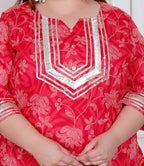 Miravan Plus Size Red Floral Print Embroidered Cotton Straight Kurta With Palazzo & Dupatta | Grocsy