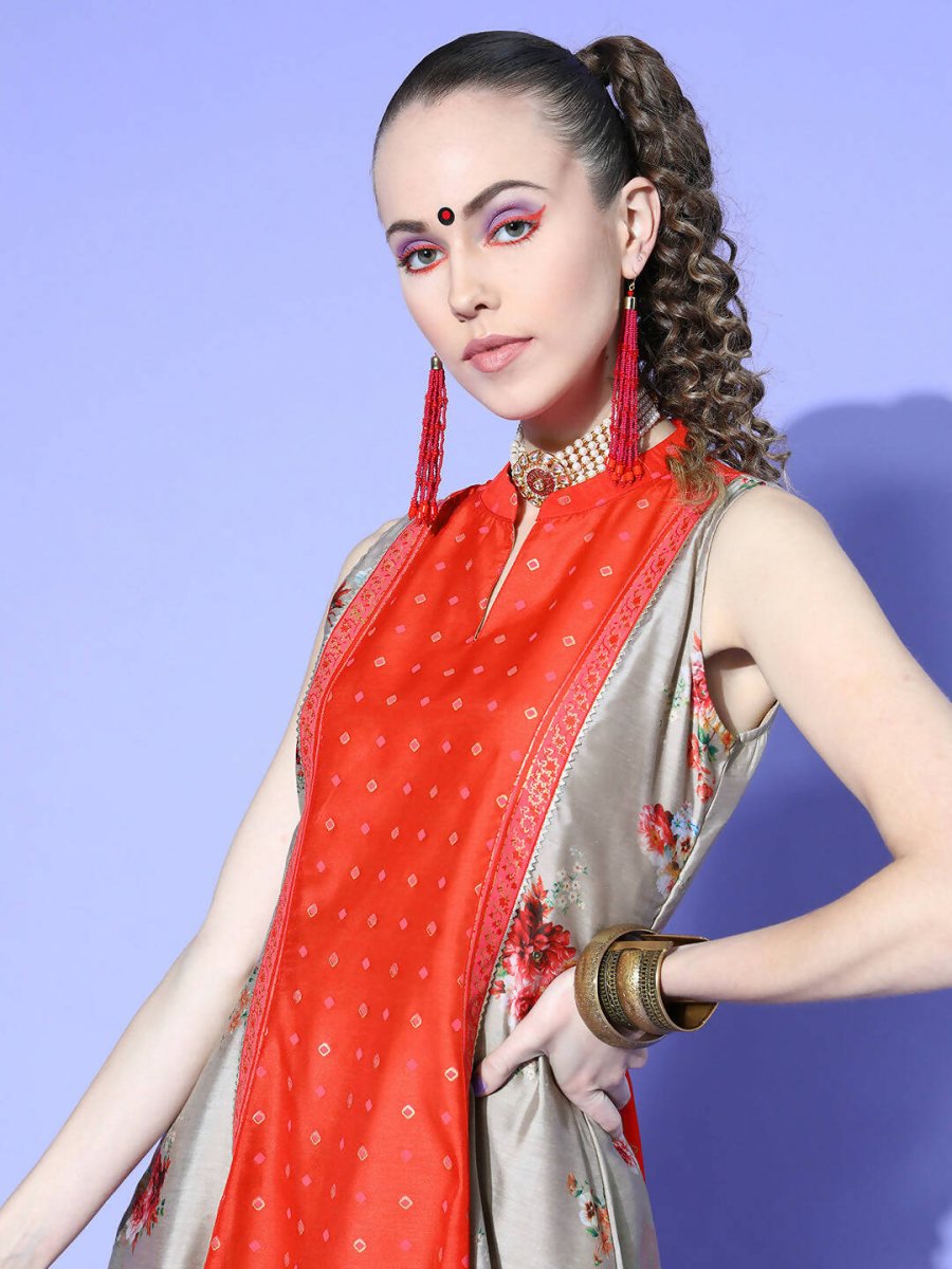 Ahalyaa Women Beige Colour Chanderi Digital Printed Kurta Palazzo Set | Grocsy