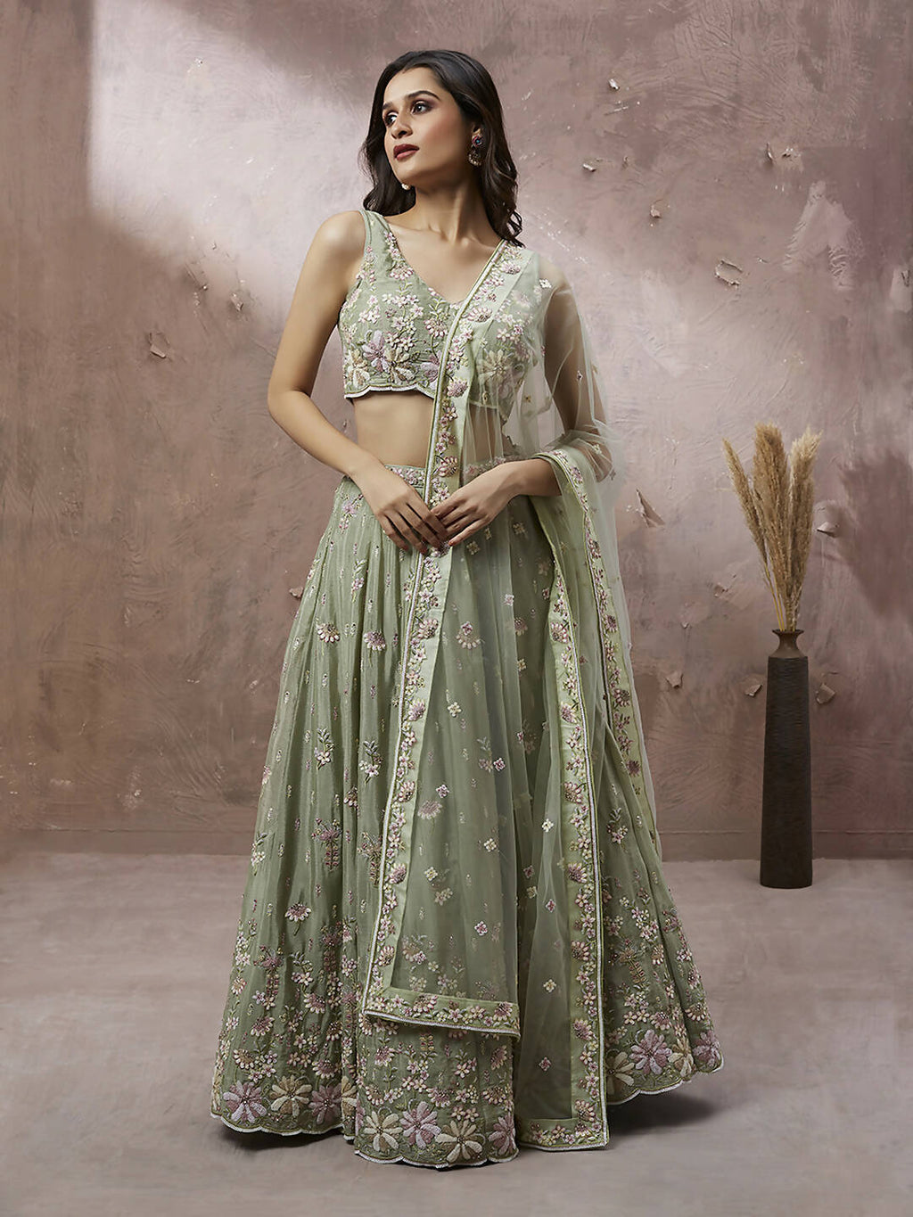 House of Panchhi Lime Green Pure Georgette Sequins with heavy Zarkan embroidery Lehenga choli & Dupatta | Grocsy
