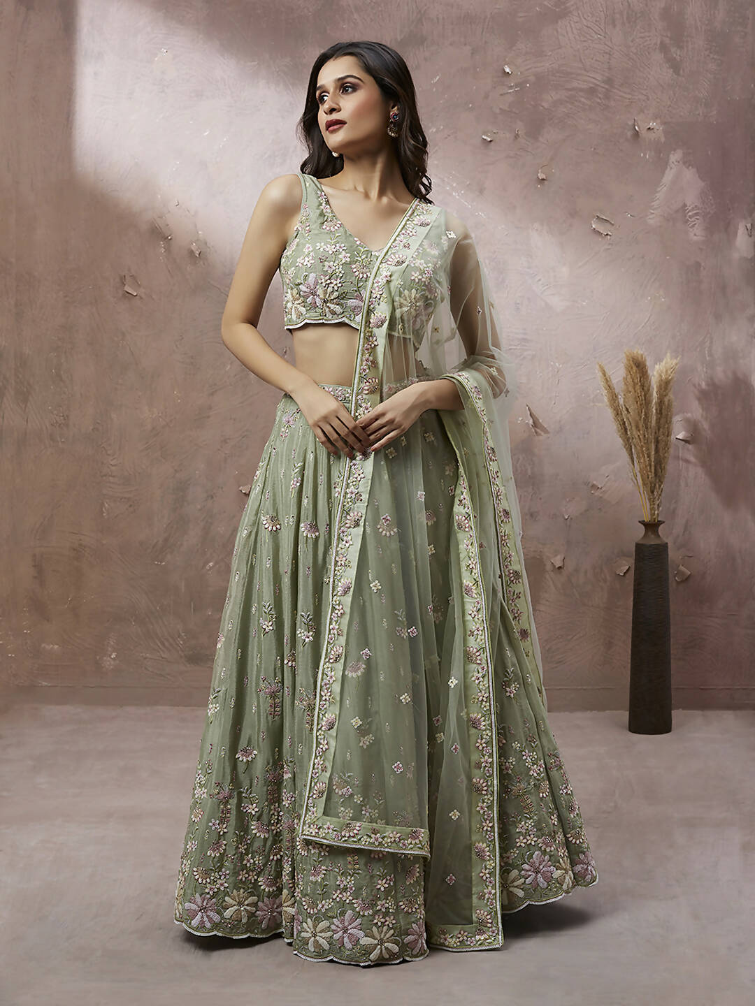 House of Panchhi Lime Green Pure Georgette Sequins with heavy Zarkan embroidery Lehenga choli & Dupatta | Grocsy