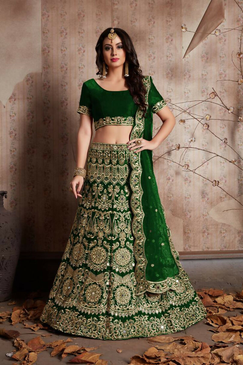 Jyoti Fashion Mesmerizing Green Sequins Embroidered Velvet Lehenga Choli with Dupatta | Grocsy