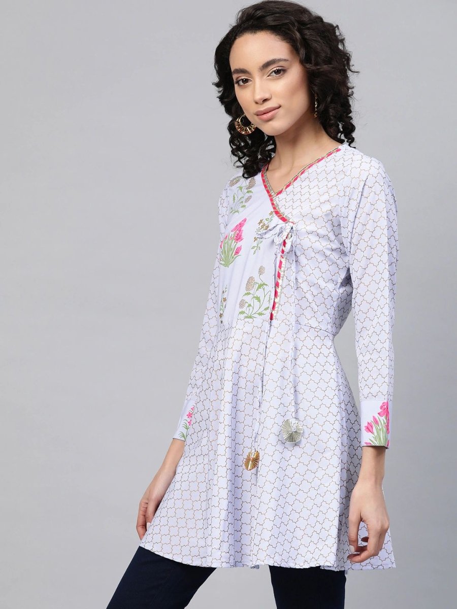 Ahalyaa Women Blue Crepe Pink & Gold Ethnic Print Angrakha Tunic | Grocsy