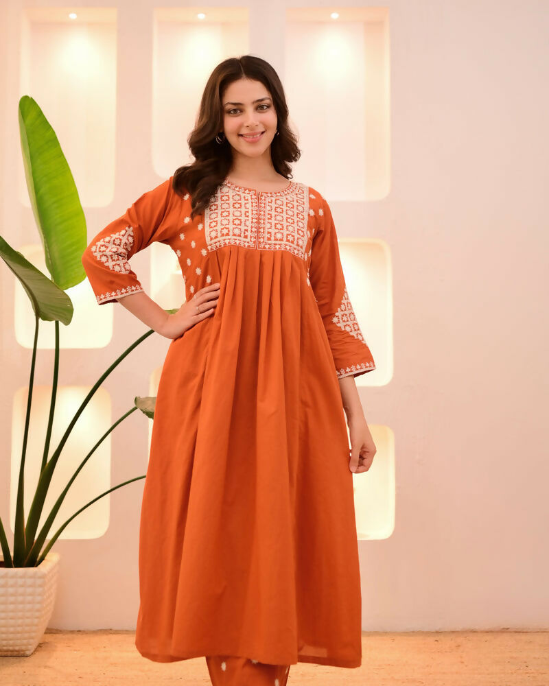 The52 Women's Beautiful Viscose Rayon Fabric Thread Work Flared Kurta Pant Set | Grocsy