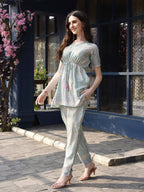Sky Blue Rayon Paisley & Floral Printed Top with Matching Bottom - Eesha | Grocsy