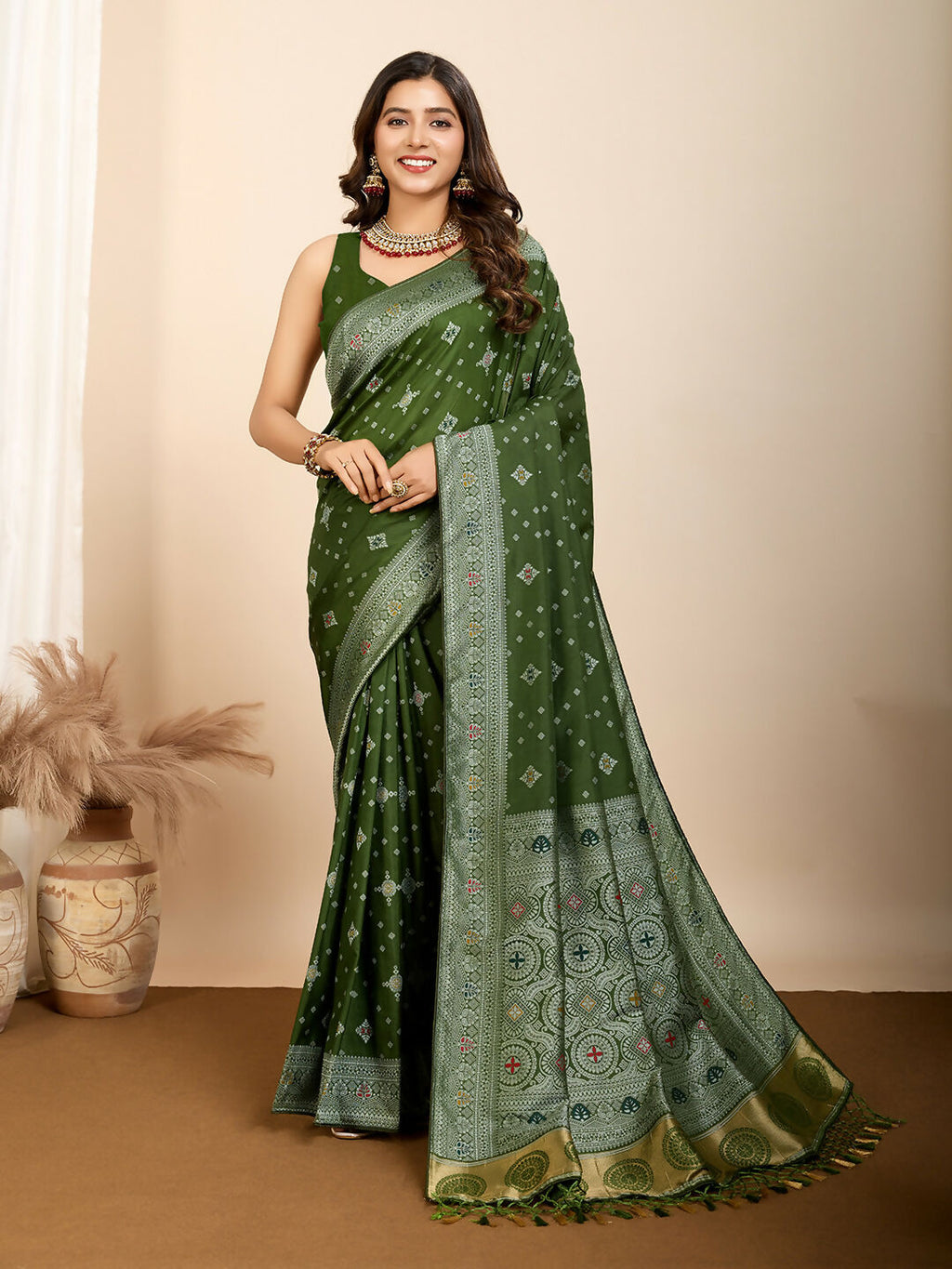 Olive Soft Silk Woven Meenakari Designer Saree - Vedanti | Grocsy