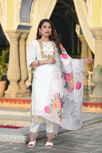 The52 Women's Beautiful Chanderi Fabric Embroidery Work Straight Kurta Pant and Dupatta Set | Grocsy