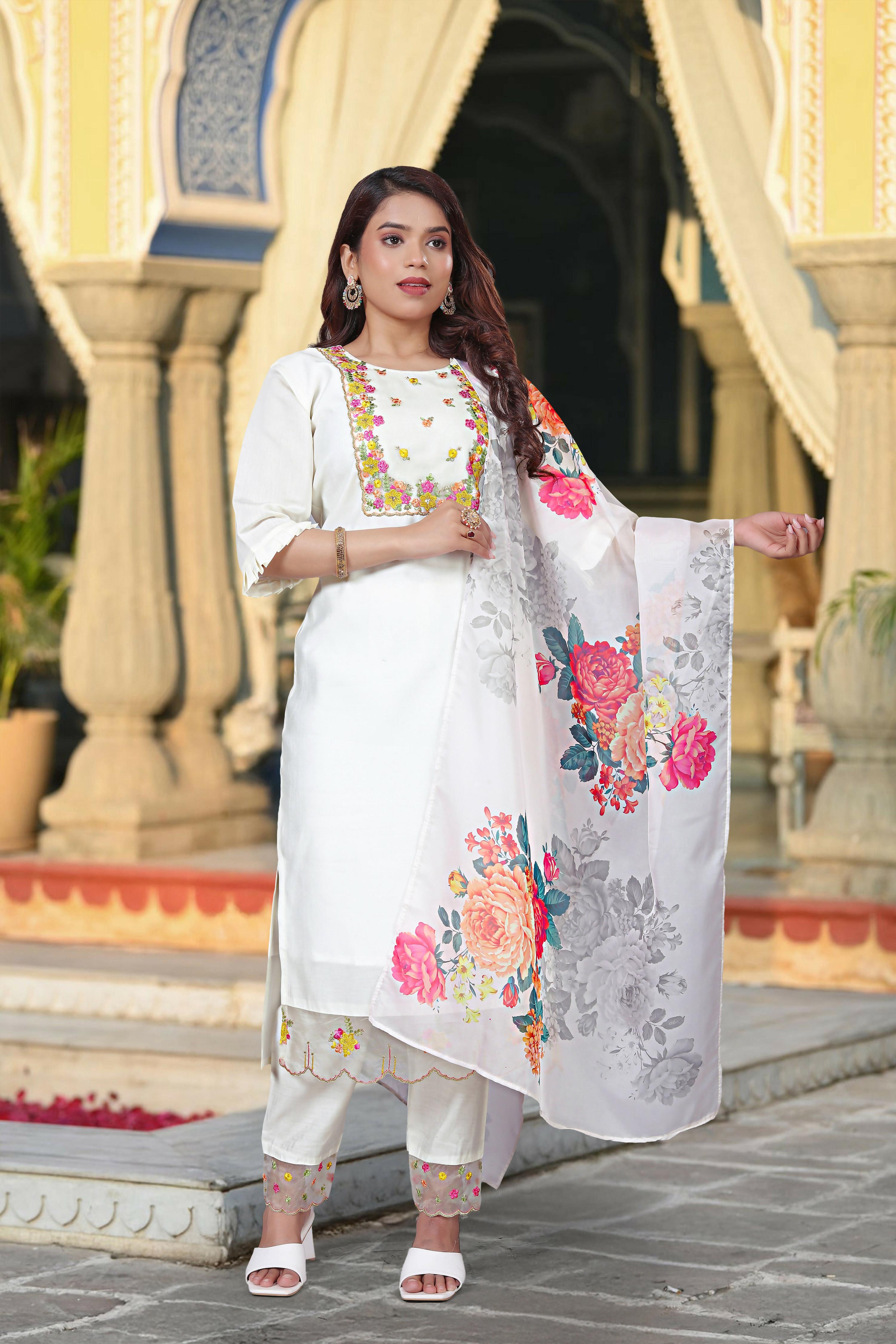 The52 Women's Beautiful Chanderi Fabric Embroidery Work Straight Kurta Pant and Dupatta Set | Grocsy