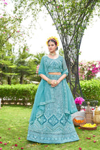Blue Net Embroidered Semi Stitched Lehenga Choli with Dupatta - Bhagya | Grocsy