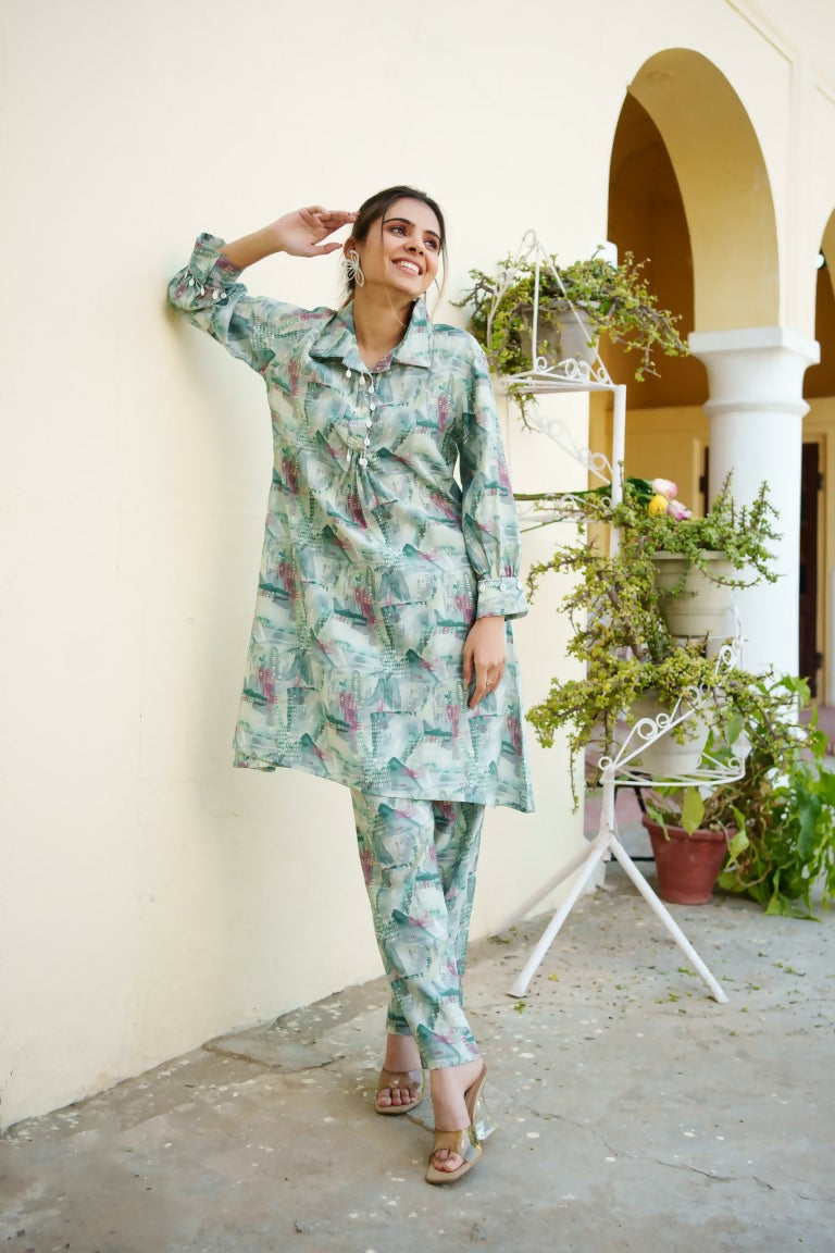 Vaasva Women Mint Muslin Printed Shirt & Pant Set | Grocsy