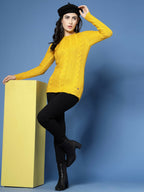 Women Mustard Acrylic Self Design Winter Dress - Wool Trees | Grocsy