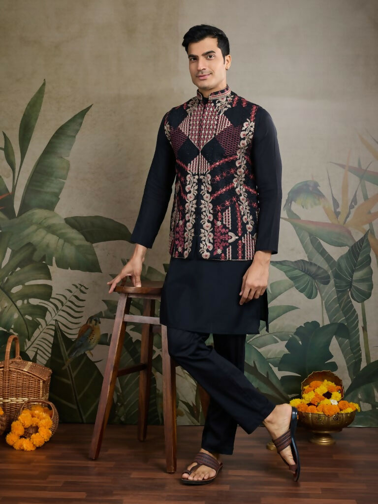 Vastranavya Black Exclusive Festival Viscose Silk Thread & Swarovski Embroidered Work Mens Wear Kurta & Koti | Grocsy