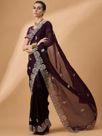 Purple Silk Embroidered Saree with Unstitched Blouse Piece - Satya | Grocsy