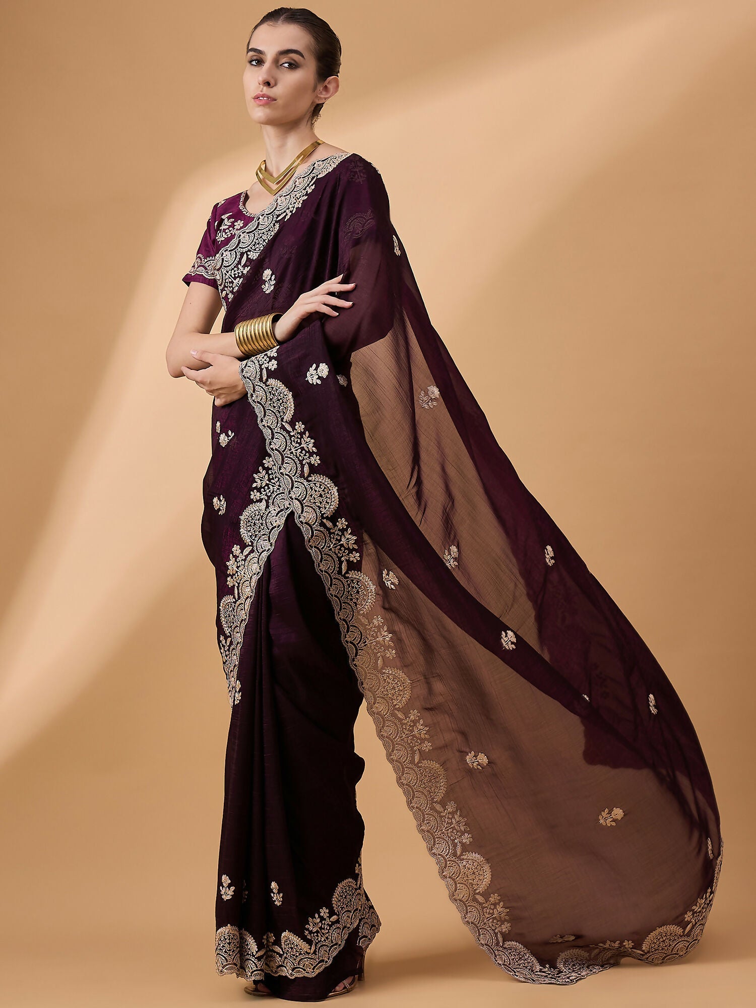 Purple Silk Embroidered Saree with Unstitched Blouse Piece - Satya | Grocsy