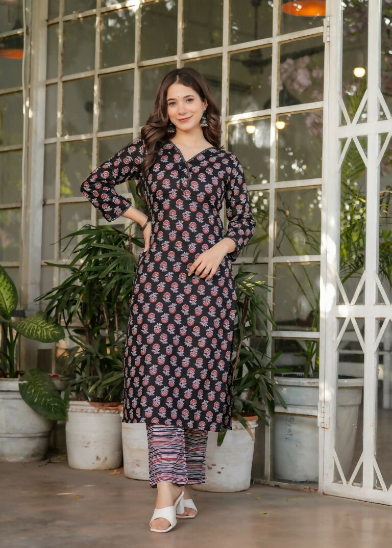 Black Pure Cotton Printed Anarkali Suit with Dupatta - Rashmika | Grocsy