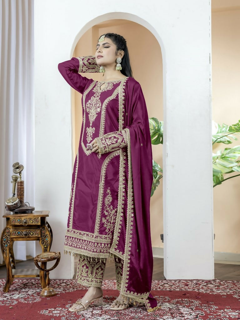 Teeya Creation Wine Color Chinnon Silk Embroidery Work Fully Stitched Salwar Suit | Grocsy