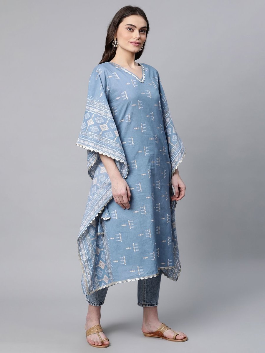 Ahalyaa Beige Pure Cotton Floral Printed Kaftan Kurta | Grocsy