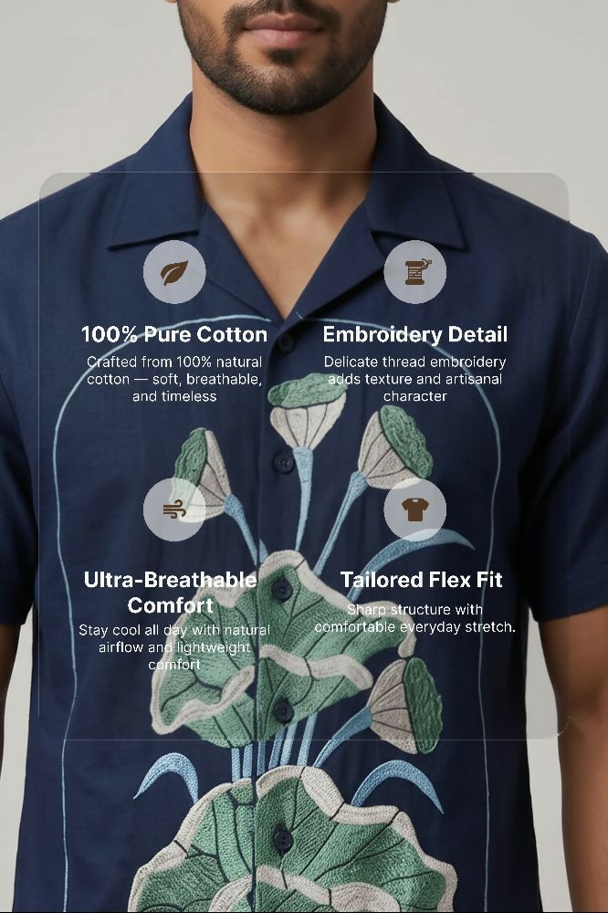 Midnight Bloom — Navy Lotus Embroidered Cotton Shirt by Hilo Design | Grocsy