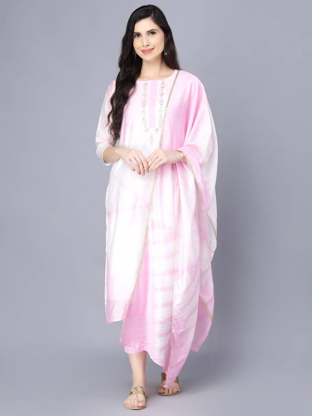 Myshka Women Pink Striped Empire Kurti with Trousers With Dupatta | Grocsy