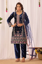 Joban Fashion Blue Kurta Set Velvet Embroidery Sequence Work | Grocsy