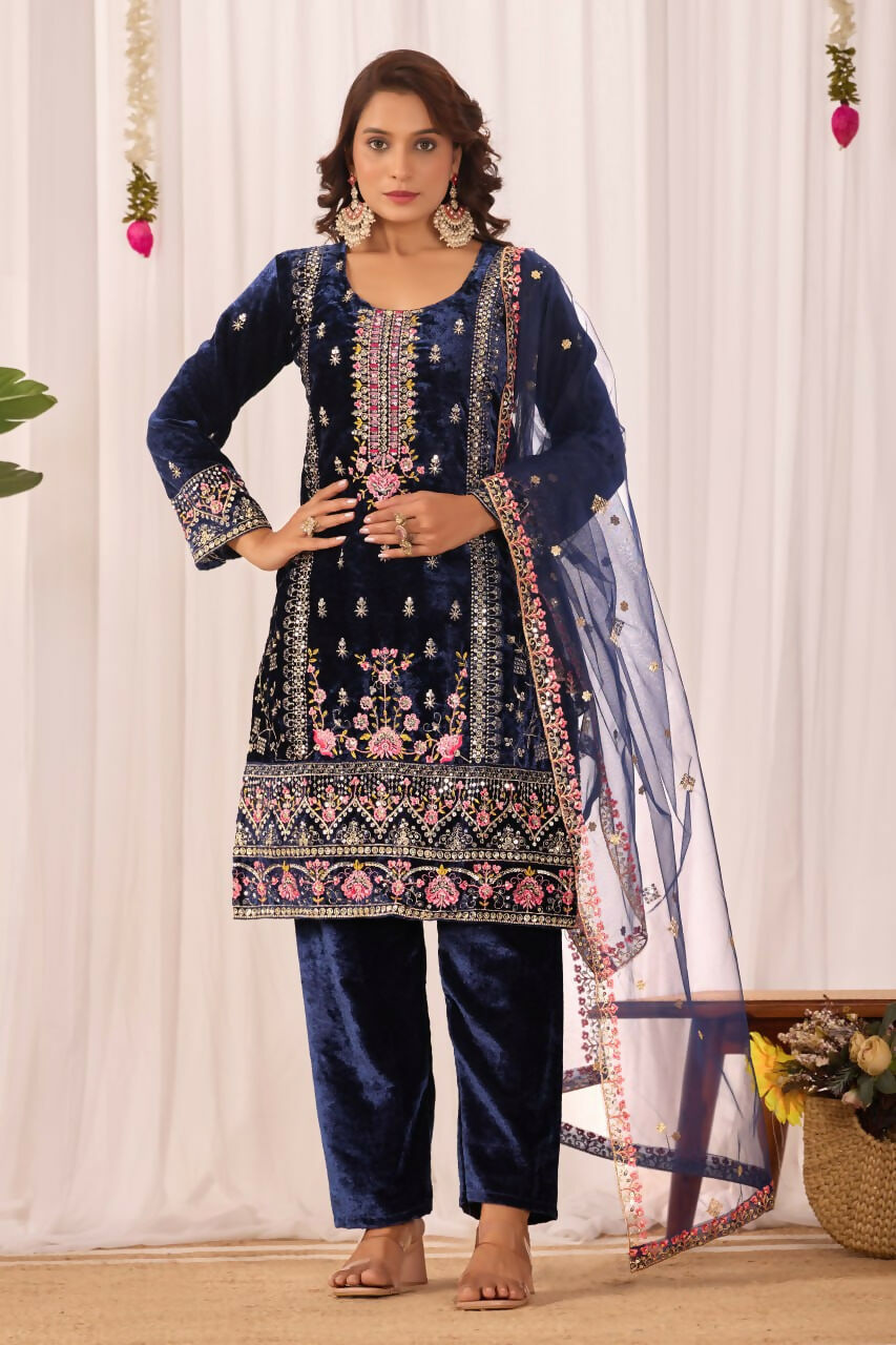 Joban Fashion Blue Kurta Set Velvet Embroidery Sequence Work | Grocsy
