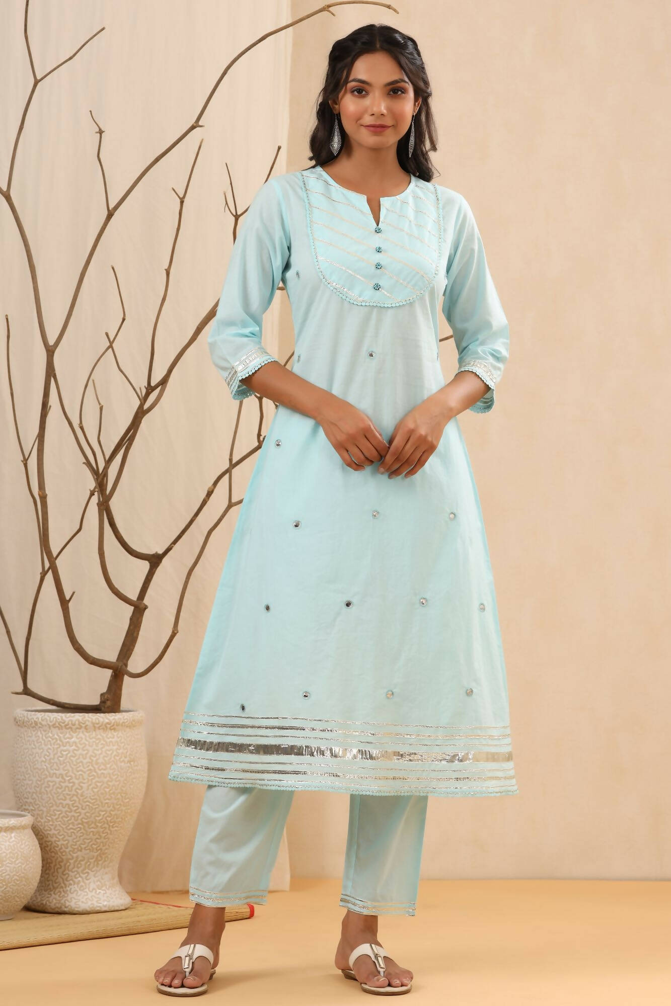 Juniper Women Skyblue Cambric Gotta Work Straight Kurta Sets | Grocsy