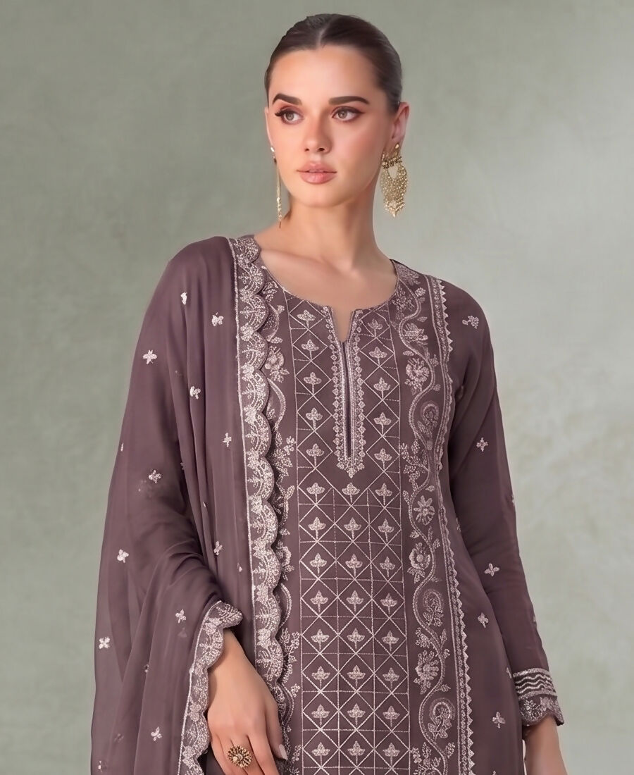 KC Lilac Pakistani Straight Suit For Women Chiffon | Grocsy