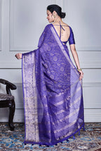 Morchari Dark Blue Script Printed Orzanga Saree Unstitched Blouse | Grocsy