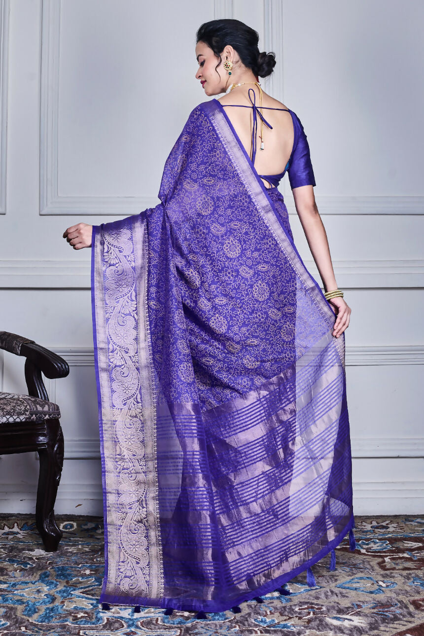 Morchari Dark Blue Script Printed Orzanga Saree Unstitched Blouse | Grocsy