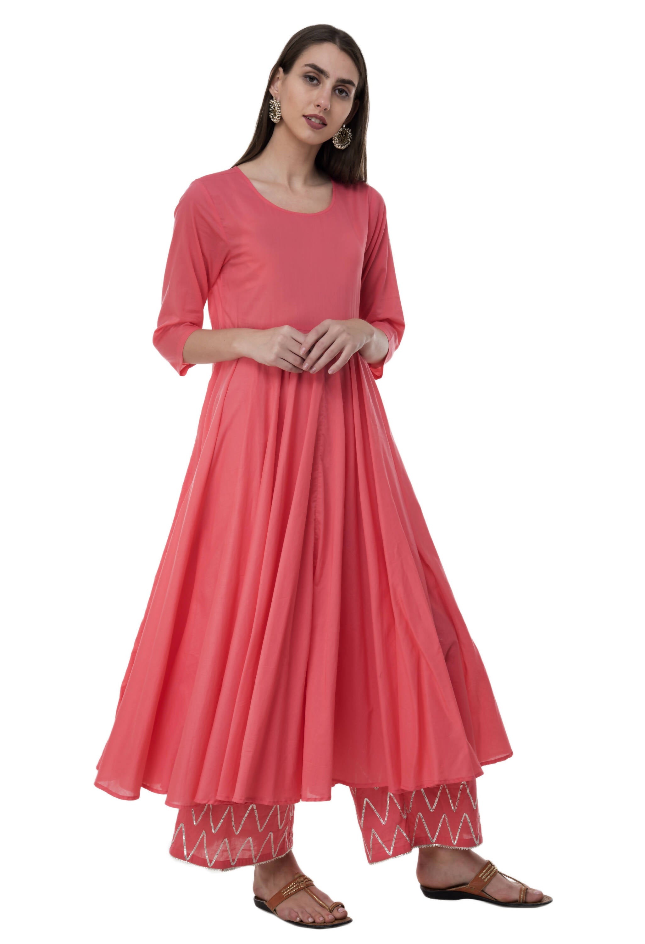 Women's Coral Flared Kurti With Palazzo Enhanced With Gota Work At Cuff Area Of Palazzo - G & A Apparels | Grocsy