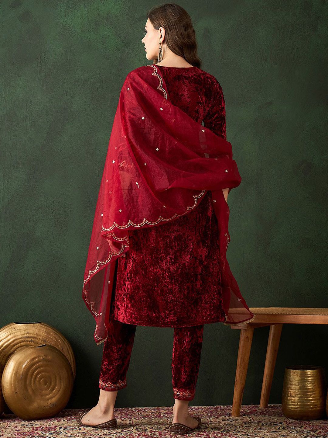 Sangria Embroidered A-Line Kurta & Trousers With Dupatta | Grocsy