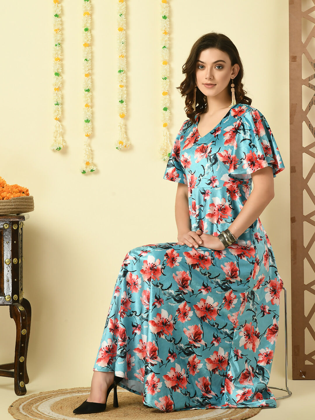 Myshka Women's Multi Printed Velvet Party Dress | Grocsy