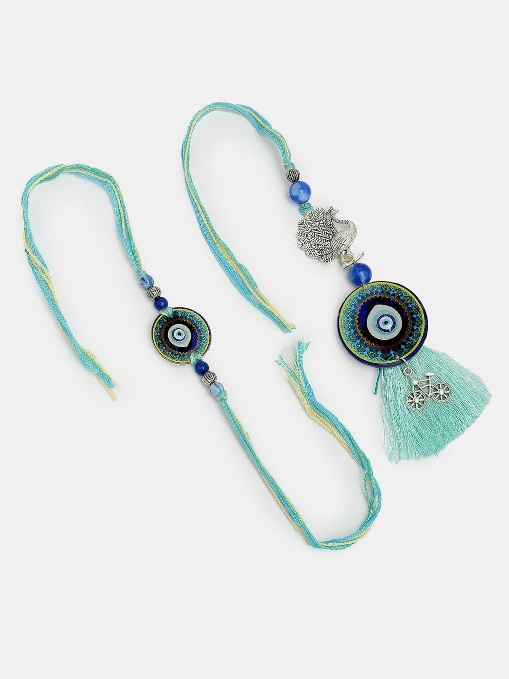 NVR Women & Men Set of 2 Blue Evil Eye & Beaded Bhaiya Bhabi Rakhi With Roli Chawal | Grocsy