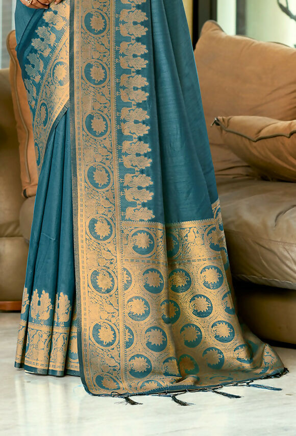 Sangam Prints Ocean Blue Assam Silk Woven Work Traditional Saree | Grocsy