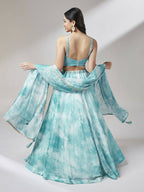 House of Panchhi Turquoise Blue Organza Floral Printed Lehenga choli & Dupatta | Grocsy